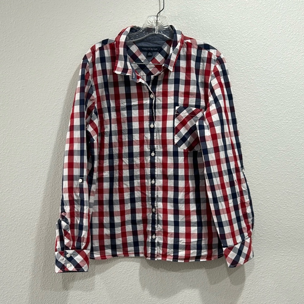Tommy Hilfiger Mens Button Down Shirt Red White Blue Plaid Roll Tap button XL